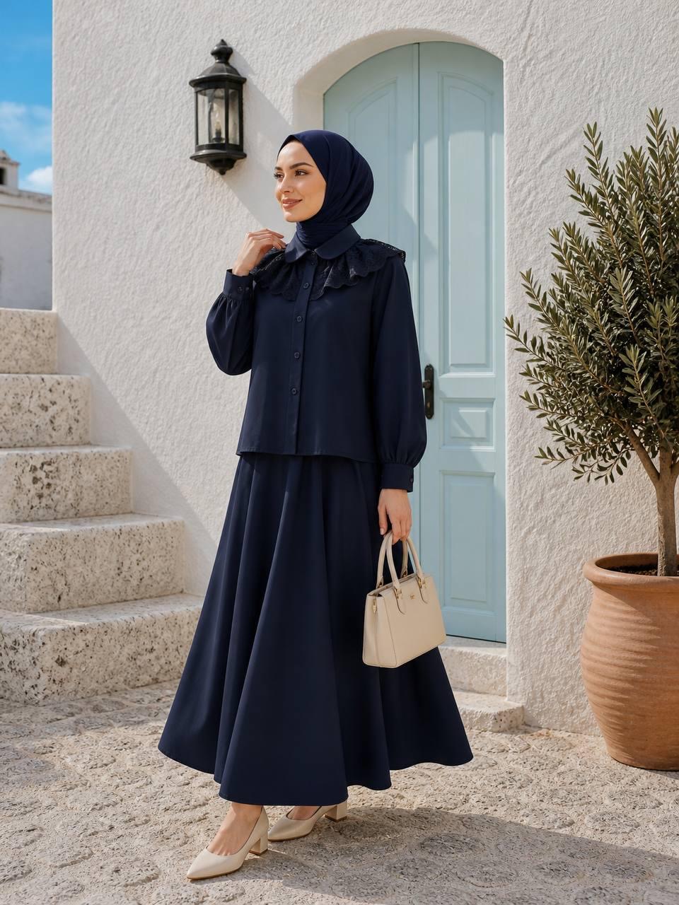 POPLİN DANTELLİ ETEK TAKIM — LACİVERT
